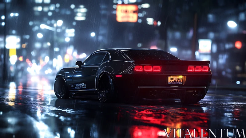 Midnight muscle car gliding through neon city rain.