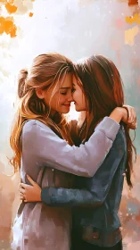 Intimate Portrait of Two Women Embracing with Warm Atmospheric Rendering