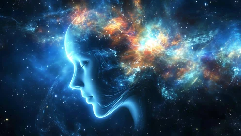 Celestial human profile merges with nebular starfield in luminous gradient