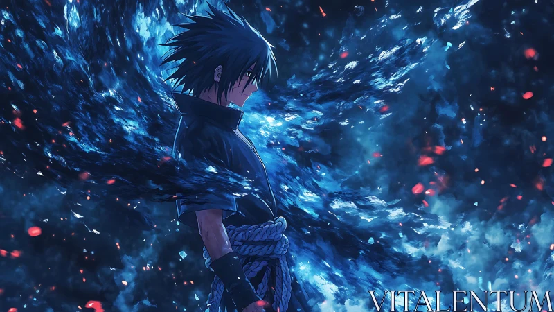 Side profile anime warrior with swirling blue energy field.