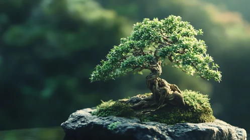 Miniature bonsai tree rests on mossy rock in soft daylight