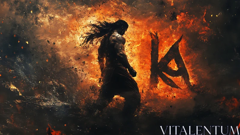 Infernal warrior silhouette amid turbulent combustion field.
