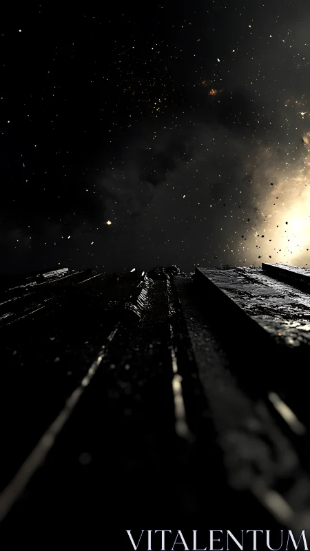 3D astral debris field with vertical monolithic structure.