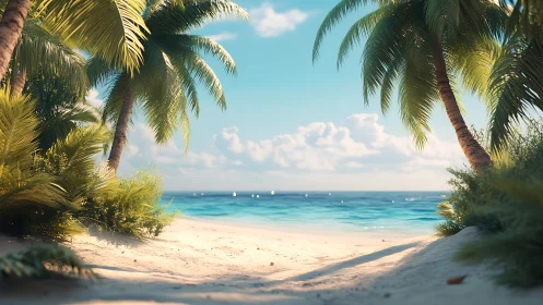 Tropical Beach Corridor: Bilateral Palm Framing with Turquoise Shallow Waters