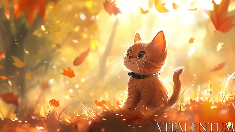 Digital illustration of an orange cat surrounded by autumn foliage and atmospheric lighting.