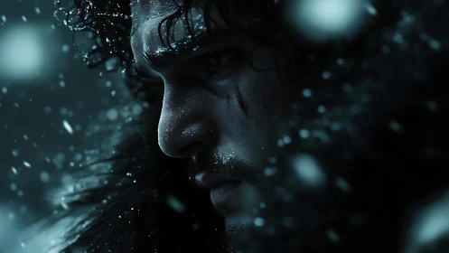 Brooding warrior profile in blizzard-lit close-up portrait.