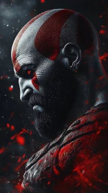 Stoic warrior profile in red war paint and dark armor.