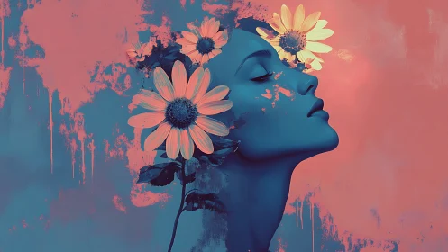 Midnight bloom muse in sunrise coral dreamscape.