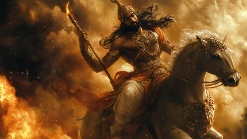 Armored warrior on white steed charges through inferno-lit smoke