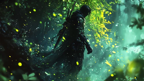 Lone armored wanderer in glowing emerald forest edge.