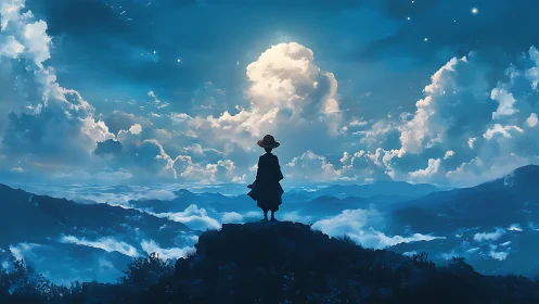 Lone traveler watches glowing clouds above blue mountains.