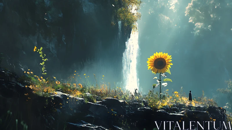 Digital fantasy landscape with monumental sunflower focus.