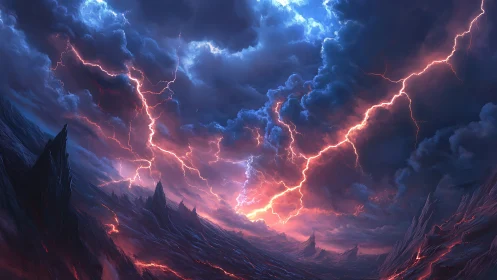 Violent lightning storm over jagged volcanic landscape.