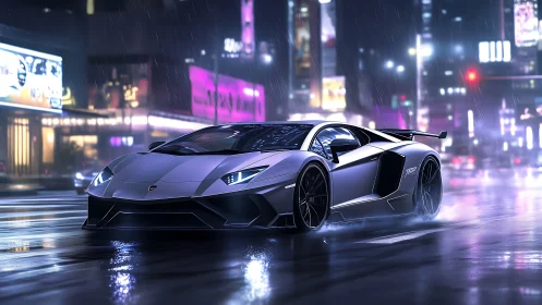 Aerodynamic silver hypercar on wet neon city boulevard at night