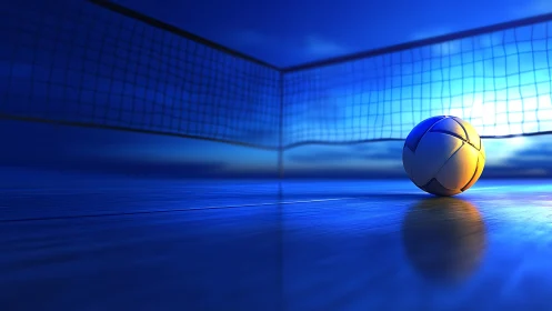 Lone volleyball glows on twilight court of electric blue.