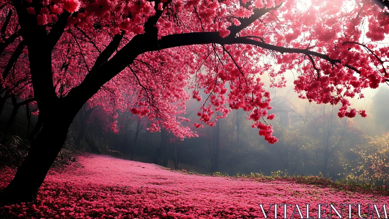 Radiant cherry blossom grove under misty morning light.