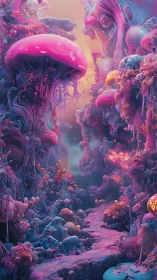 Neon jellyfish canyon in dense bioluminescent fantasy reef