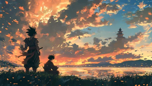 Sunset warriors linger by the firelit mirror lake horizon.