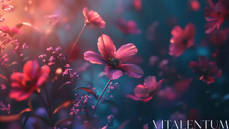 Pink cosmos flowers rendered with luminous bokeh effect.