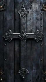 Iron gothic cross guarding a weathered midnight door.