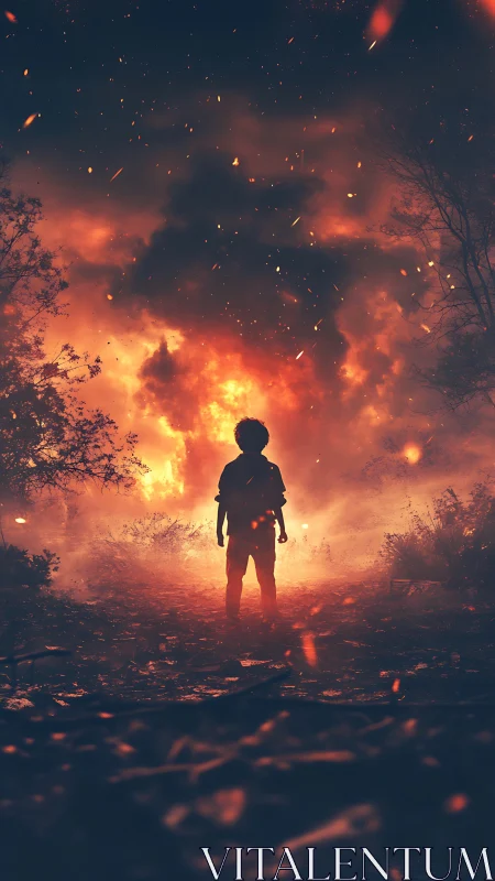 Silhouetted figure standing amid landscape with luminous atmospheric phenomena