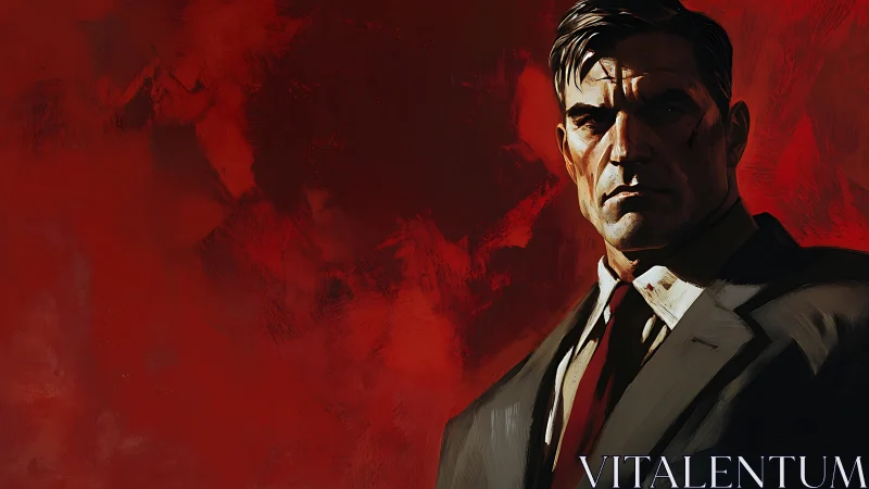 Stoic suited enforcer against high-saturation crimson field.