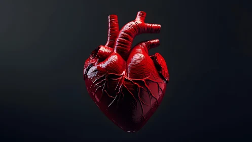 Realistic human heart illustration with dramatic lighting and detail.