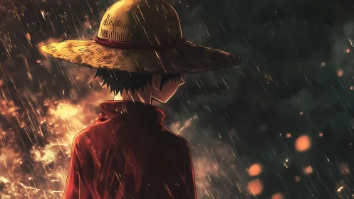 Solitary anime figure in rain observing distant firelight