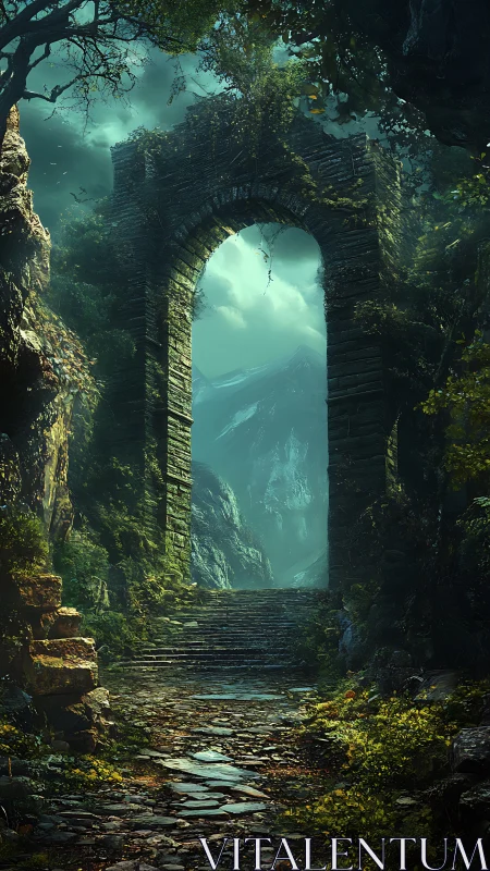 Ancient stone archway leading into misty mountain pass.
