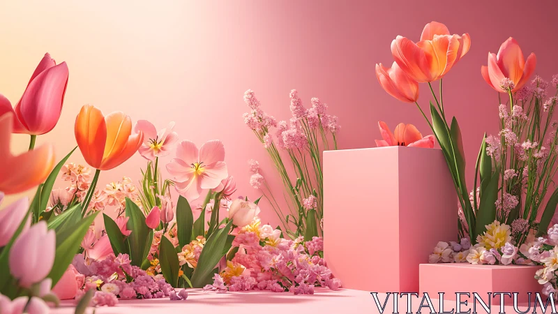 Pink Floral Product Display with Tulips and Decorative Blocks.