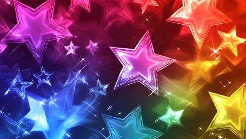 Neon gradient stars glow across dynamic rainbow background