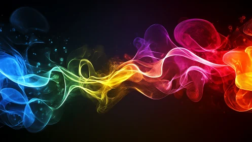 Colorful abstract light waves on dark gradient background.