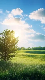 Sunlit tree on green meadow under calm blue sky.