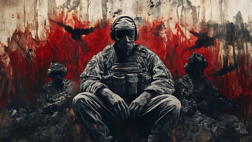 Armed soldiers in tactical gear before abstract red field.