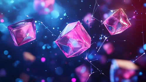 Luminous pink crystals drift through a neon digital cosmos.