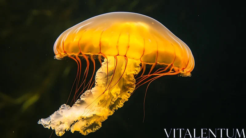 Orange jellyfish suspended in dark aquatic environment.