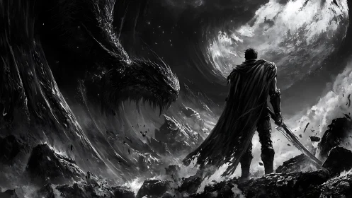 Warrior confronting dragon in monochrome storm landscape.
