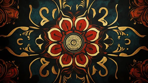 Radial mandala ornament uses gold filigree and textured petals