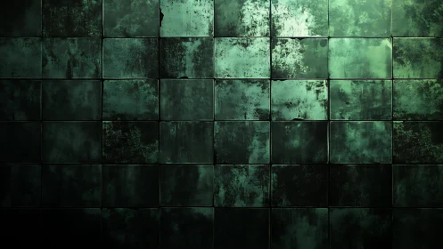 Oxidized green tiled wall with moody abstract patina.