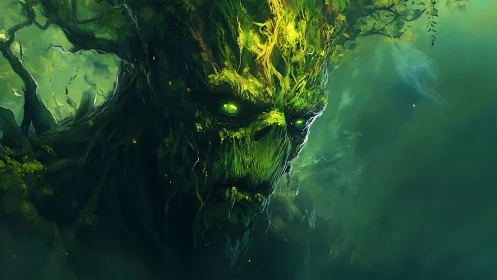 Ancient luminous tree guardian emerges from a verdant abyss