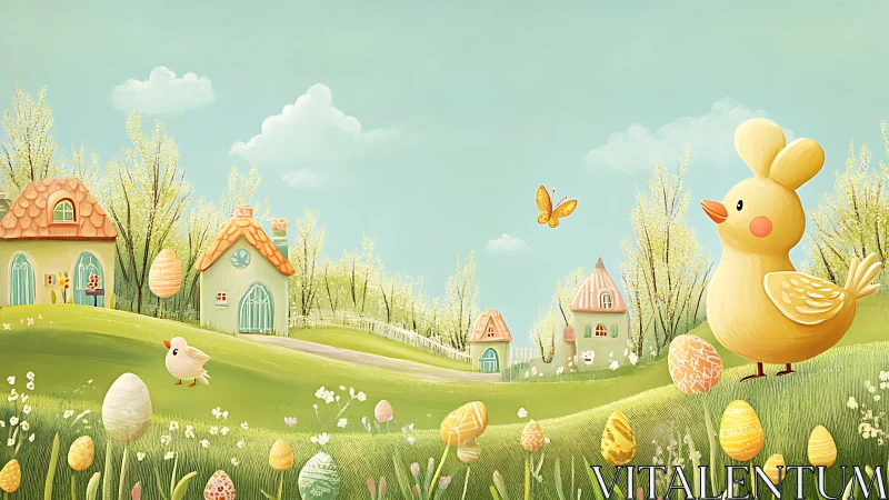 Illustration depicts stylized chicks, eggs, and cottages in a field