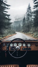 Vintage car cockpit frames misty forest mountain road