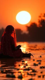 Woman in red sari praying on river at vivid orange sunset.