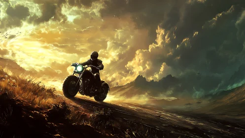 Lone biker carves firelit trails beneath storm-split skies.