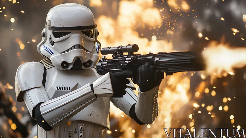 Armored blaster trooper storms through molten sparks.