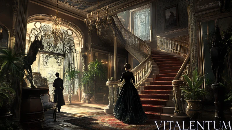 Elegant couple in sunlit Victorian grand staircase hall.