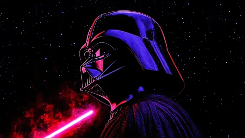 Neon-lit dark armored figure with glowing lightsaber profile.