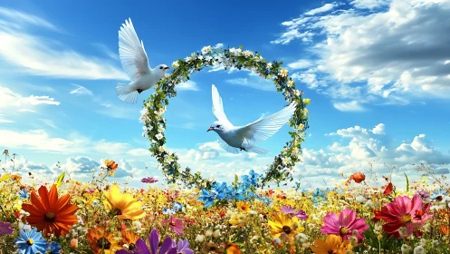 White doves soar through floral wreath above vivid meadow