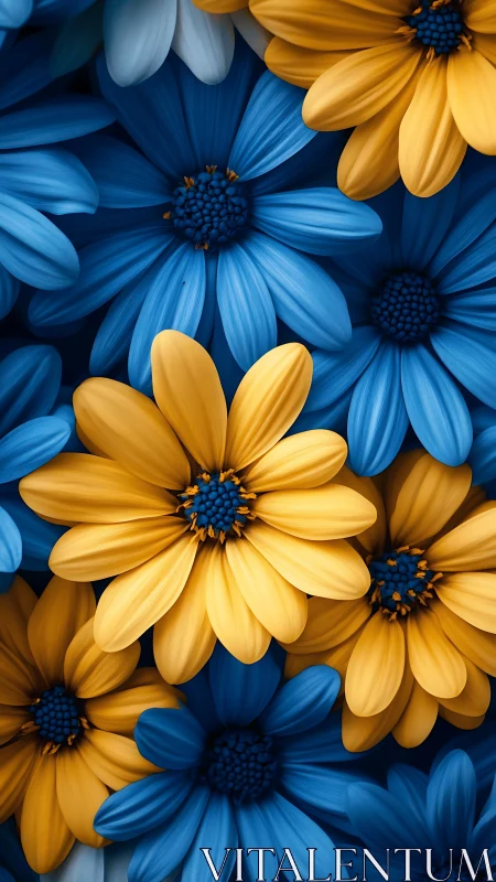 Blue and Yellow Daisies in Densely Packed Floral Composition