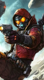 Hooded sci fi gunman in orange visor amid floating debris.